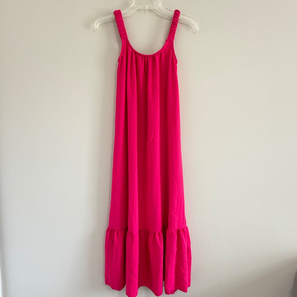 See You Monday Hot Pink Tiered Midi Dress XS Ruched Straps Flowy Summer NWT